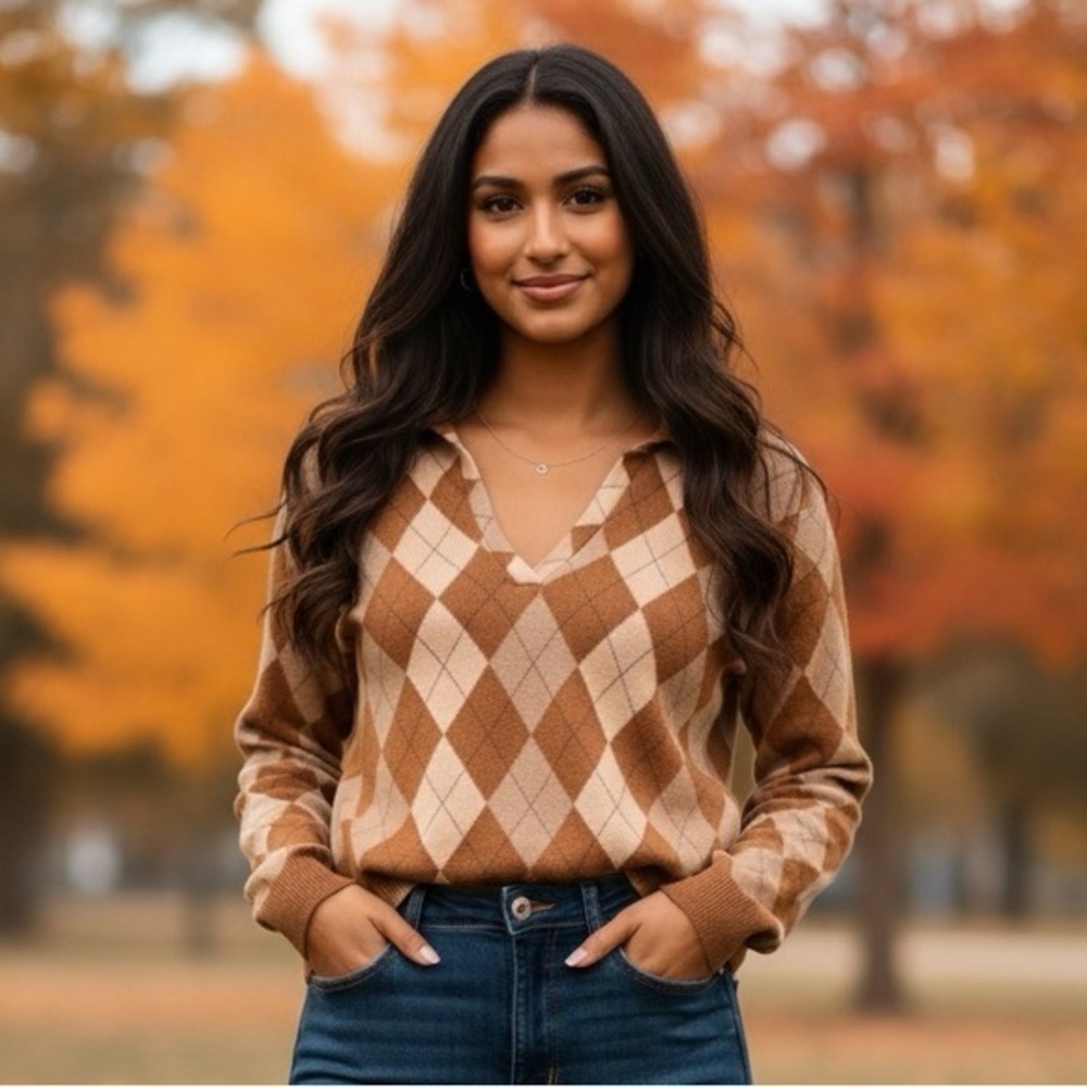 3/25$ (Mix)NWT Gaze DTLA Cropped Brown Knitted V-Neck Long Sleeve Size L